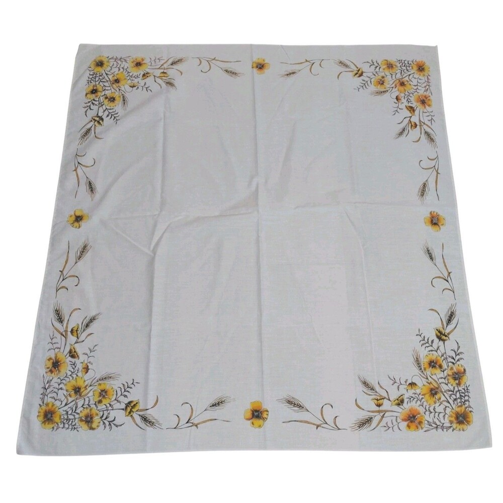 Vtg Yellow Cream Floral Table Cloth Square Bridge Table 1950's 44x43" Poppy